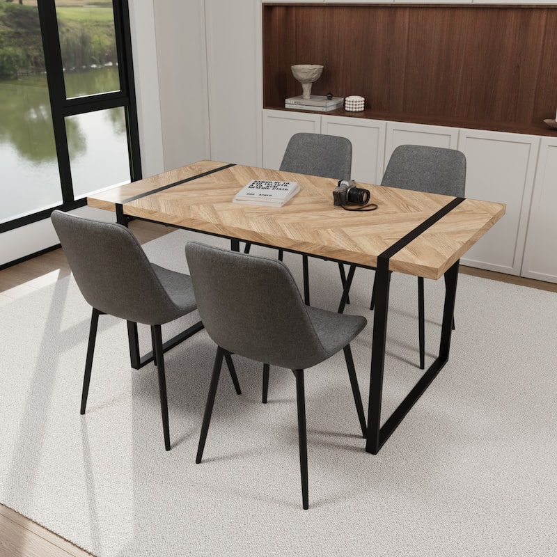 Modern 5-Piece Dining Set with Light Wood Rectangular Metal Base Table & 4 Square Corner Suede Chairs