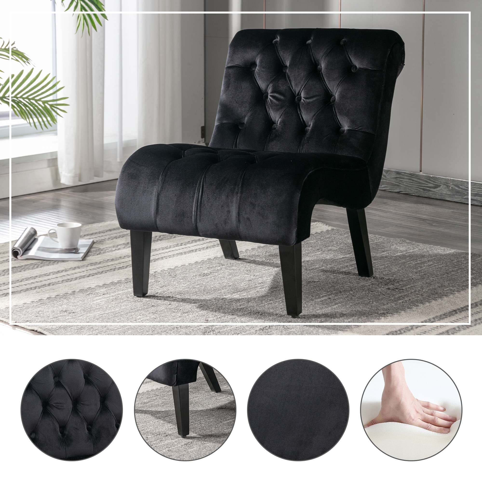 Velvet Armless Accent Leisure Chair, Upholstered Fabric Button Comfortable Chair with Wooden Legs for Bedroom