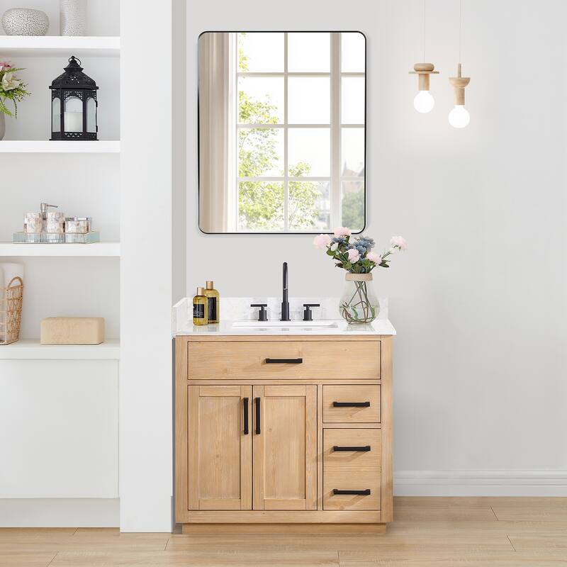 Altair Gavino Bath Vanity with Grain White Composite Stone Top and Mirror