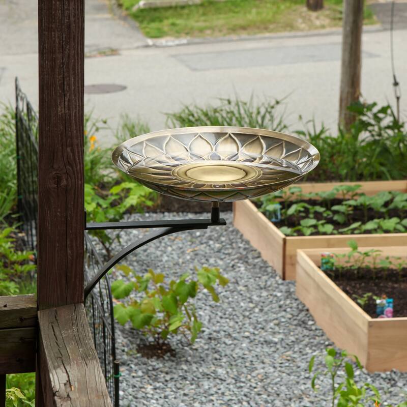 Achla Designs 16"Dia. Round Antique African Sunflower Birdbath w/Black Wrought Iron Wall Mount Bracket