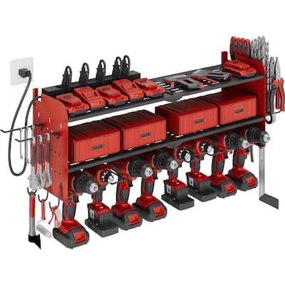 Power Tool Organizer with Charging Station Garage 8 Drill Holders Wall Mount with 8 Outlets Power Strip