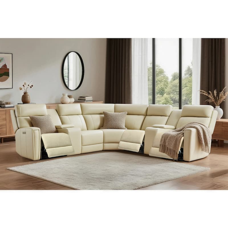 7PCS, 3 Power Recliners, Leather Reclining Sectional with Power Headrest & Lumbar, USB Port & USB-C Port