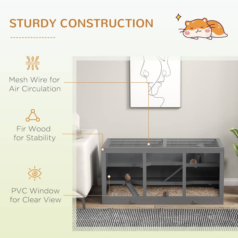 Wooden Hamster Cage with Multiple Levels, Clear Window and Tray - 45.25" L x 22.5" W x 21.75" H