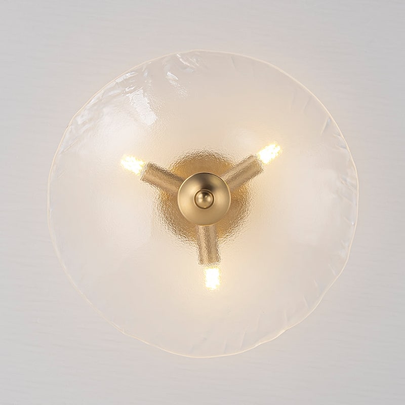 Mid-Century Brass Round Glass Bowl Semi Flush Ceiling Light 15in