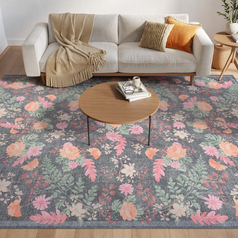 Nourison Botanical Washables Indoor only Floral Patterned Area Rug - Charcoal/Multicolor - 7'6" x 9'10"