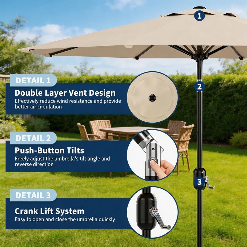 10ft Outdoor Patio Umbrella, with Crank Lift & Push Button Tilt, UV Protection Waterproof