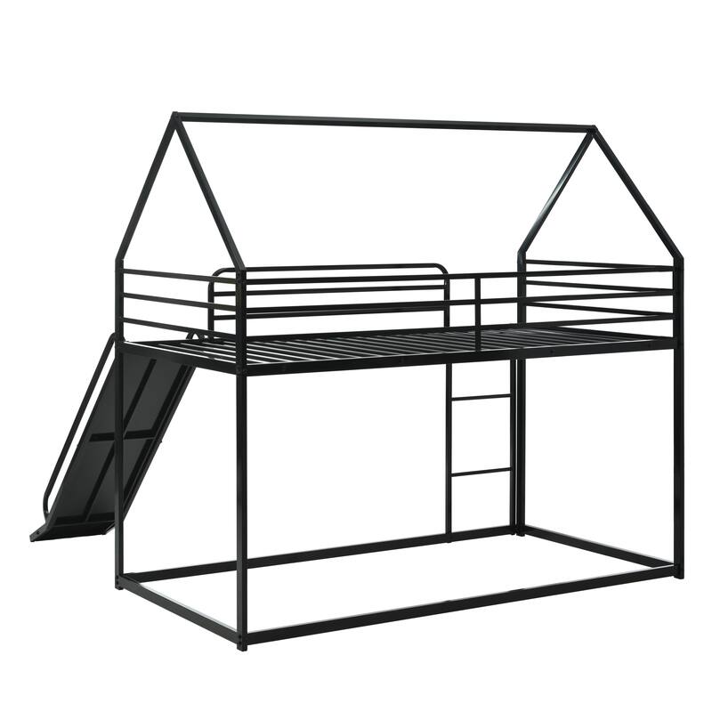Metal Twin Over Twin House Bunk Bed with Ladder and Slider, Sturdy and Safe Design, Black
