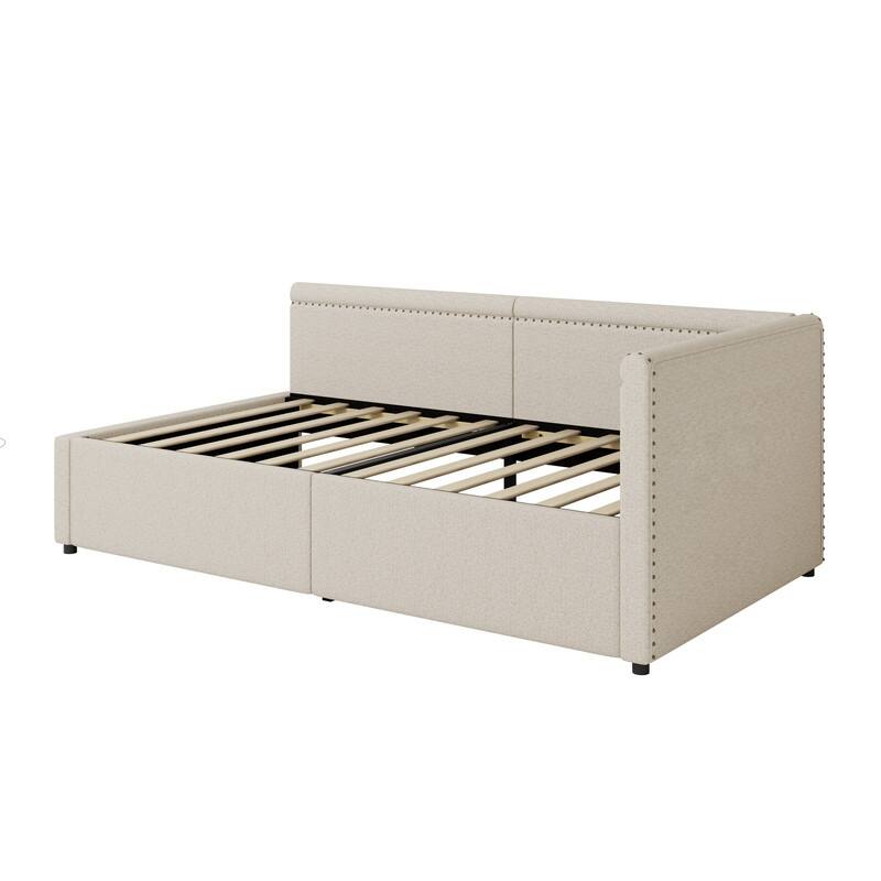 Modern Style Twin Size L Shape Corner Bed, Linen Upholstered Daybed with Two Storage Drawers