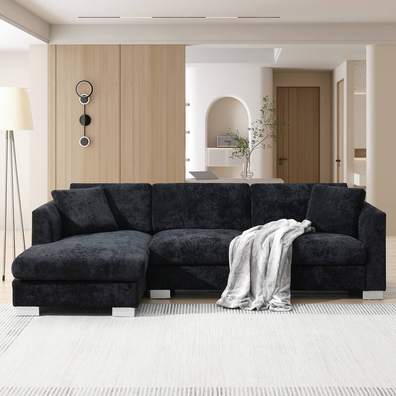 L-Shaped Sectional Sofa with Chaise Lounge, Oversized Chenille Upholstered Sofa, 4 Seater Sofa with 2 Throw Pillows