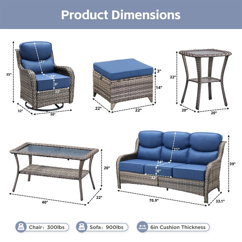 Meyreso 7-Piece Wicker Patio Conversation Set with Swivel Gliders and 6-Inch Thick Cushions