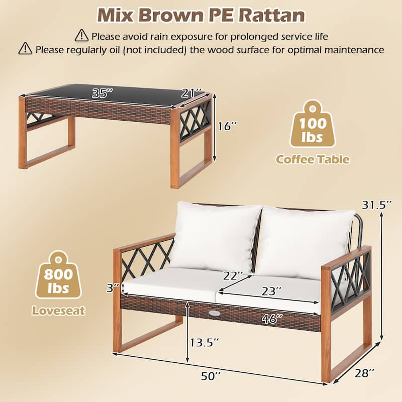 2 Piece Mix Brown PE Rattan Outdoor Loveseat with Cushions and Coffee Table - Loveseat: 28" x 50" x 31.5"