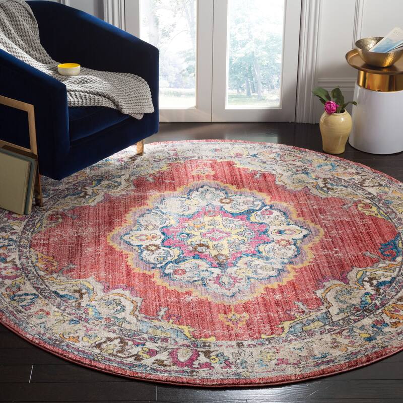 SAFAVIEH Bristol Janushka Vintage Boho Oriental Polyester Rug - 7' Round - Rose/Light Grey
