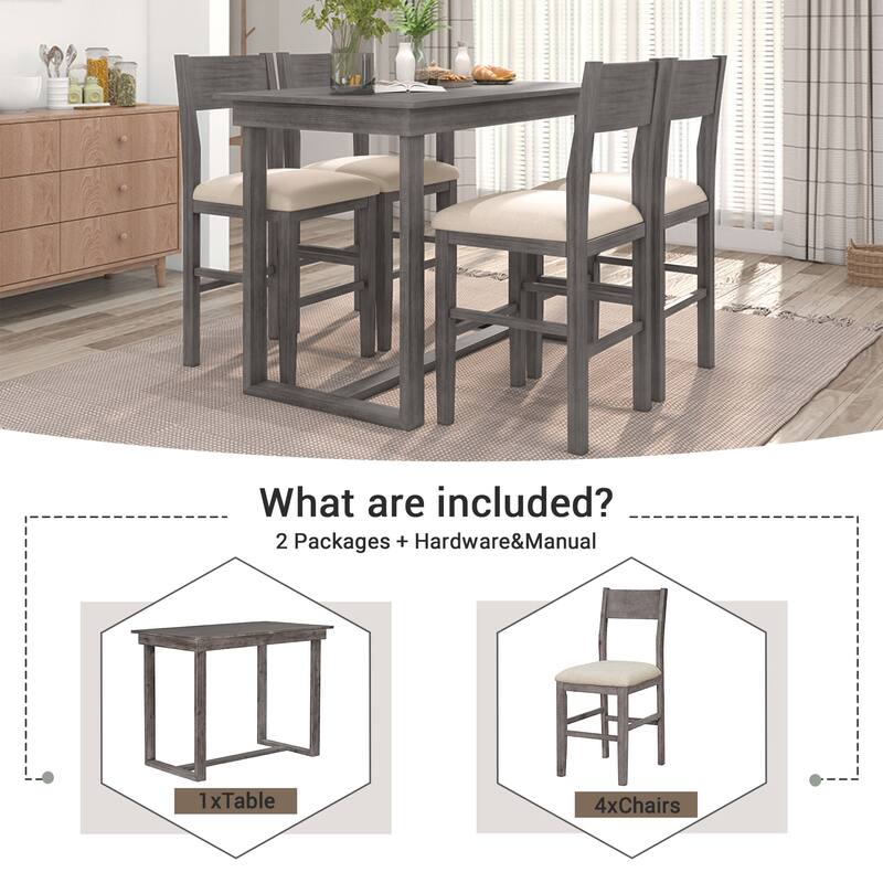 Gray Farmhouse 5-Piece Counter Height Dining Table Set with 4 Chairs