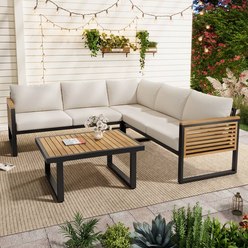 4-Piece Acacia Wood & Metal Frame Patio Corner Set - Outdoor Sectional Sofa with Weather-Resistant Cushions - Black