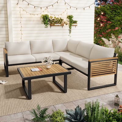 4-Piece Acacia Wood & Metal Frame Patio Corner Set - Outdoor Sectional Sofa with Weather-Resistant Cushions