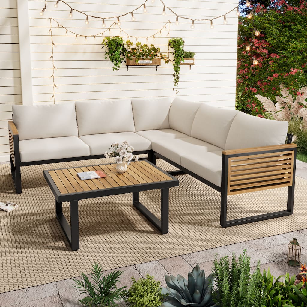 Roomfitters Outdoor 4-piece Acacia Wood and Metal Patio Sofa Set, Beige,Teak+ Black