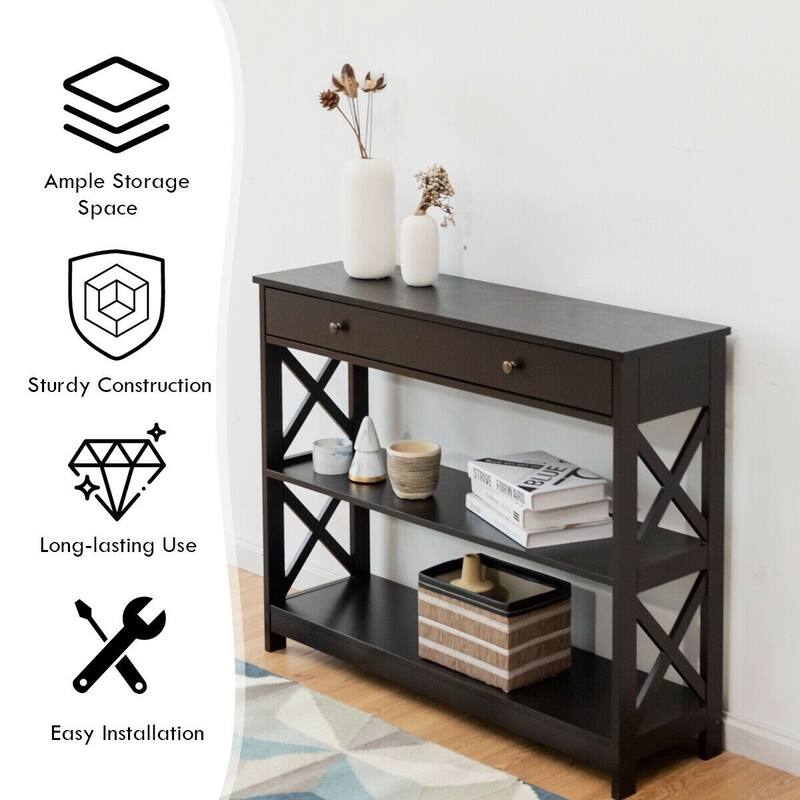 Console Table 3-Tier with Drawer and Storage Shelves - 39''x 12''x 31''(L x W x H)