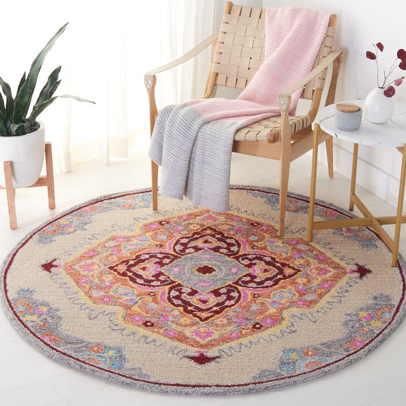 SAFAVIEH Handmade Micro-Loop Noeleen Wool Rug - 5' Round - Beige/Orange