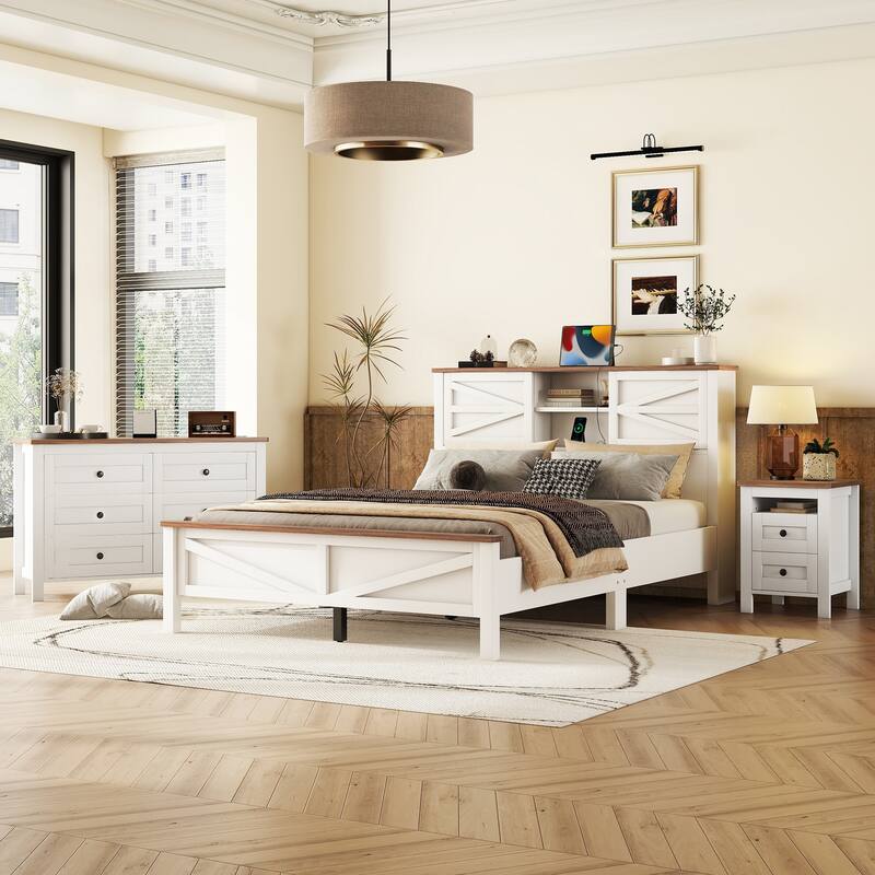 3-Pieces Bedroom Sets with Platform Bed, 1 Nightstand, 1 Dresser, Rustic Style, Charging Station, Storage Headboard, Slats