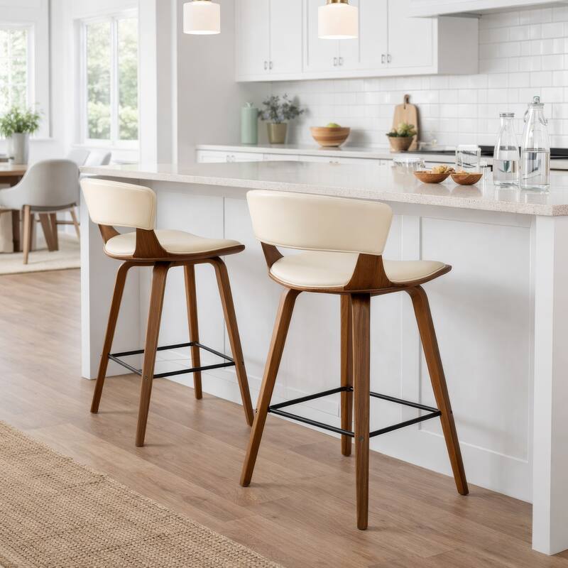 27 Inches Saddle Seat Leatherette Counter Stool, Cream and Brown