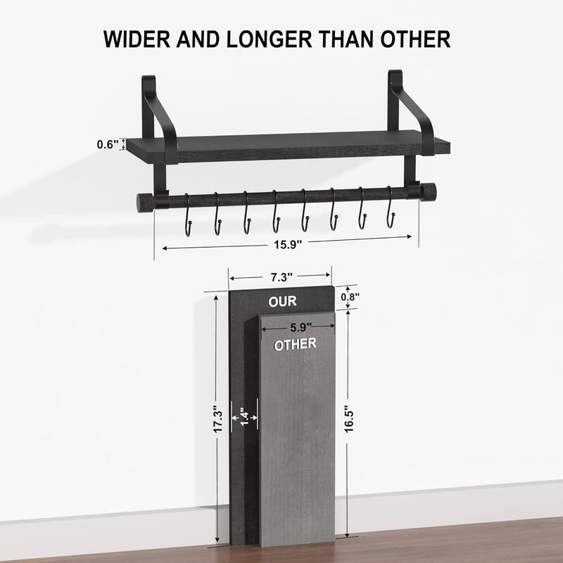 Floating Shelves for Coffee Bar,Bathroom Shelves with 8 Hooks - 7.3"D x 17.3"W x 8.27"H