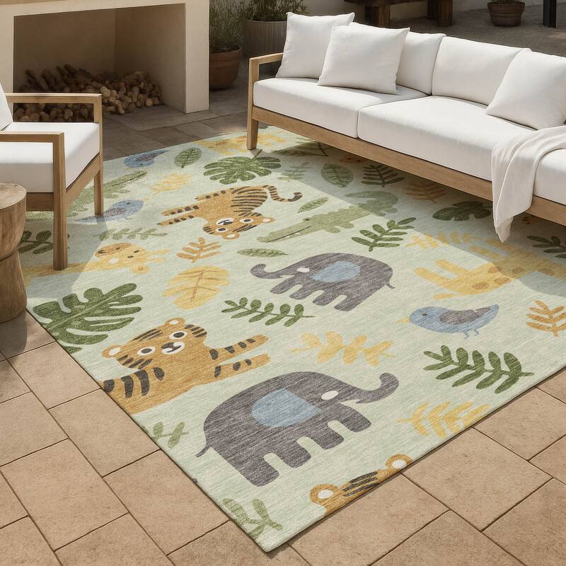 Machine Washable Indoor/ Outdoor Whimsy Safari Animals Chantille Rug - Mint - 3' x 5'