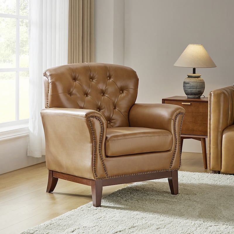 Burt Traditional Genuine Leather Accent Chair with Tufted Wing Back by HULALA HOME