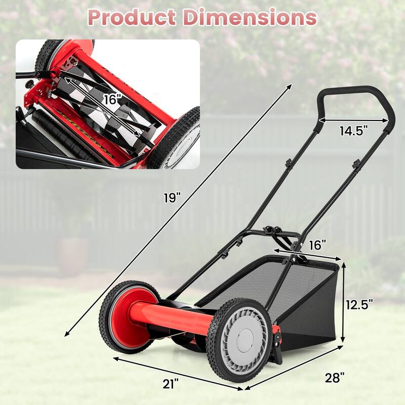 Manganese Steel Manual Lawn Mower with 5 Blades and Grass Bag - 23" L x 28" W x 49" H