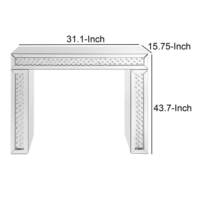 Mirror Accented Wood And Glass Vanity Desk With Faux Crystal Inlay, Silver