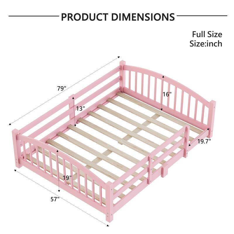 Roomfitters Montessori Floor Bed with Guardrails, Solid Wood Low Platform Bed with Slats, Easy Assembly