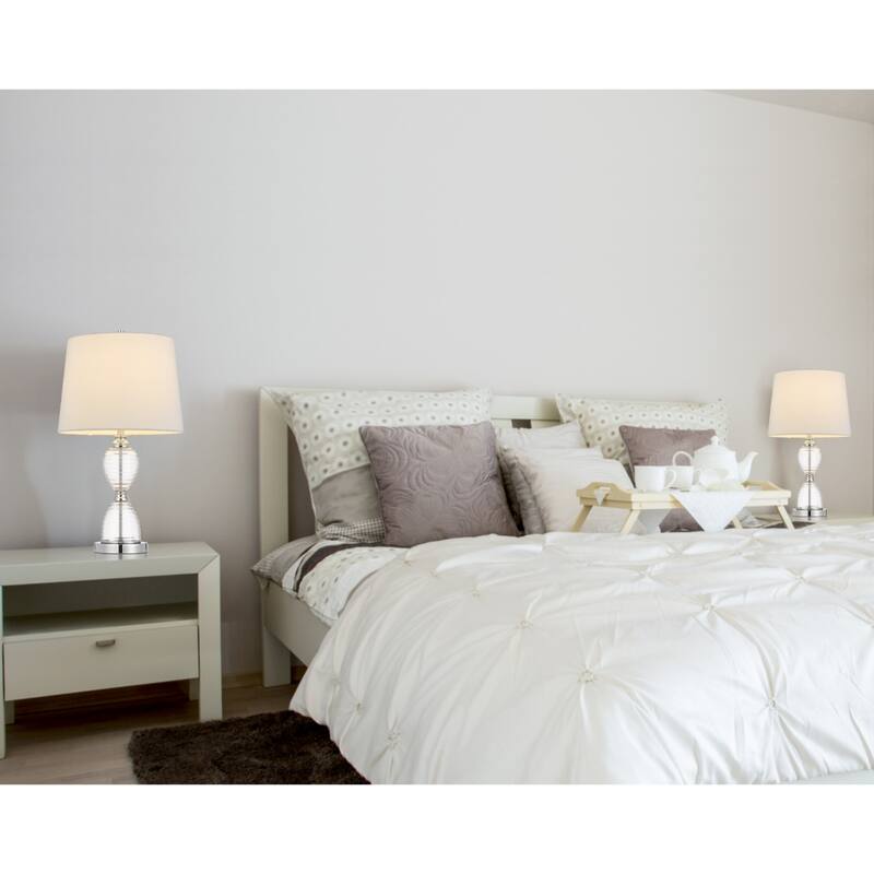 Clear Metal Table Lamp with White Empire Fabric Shade and 3 Way Dimmable Switch - 14” x 14” x 23.5” (D x W x H)