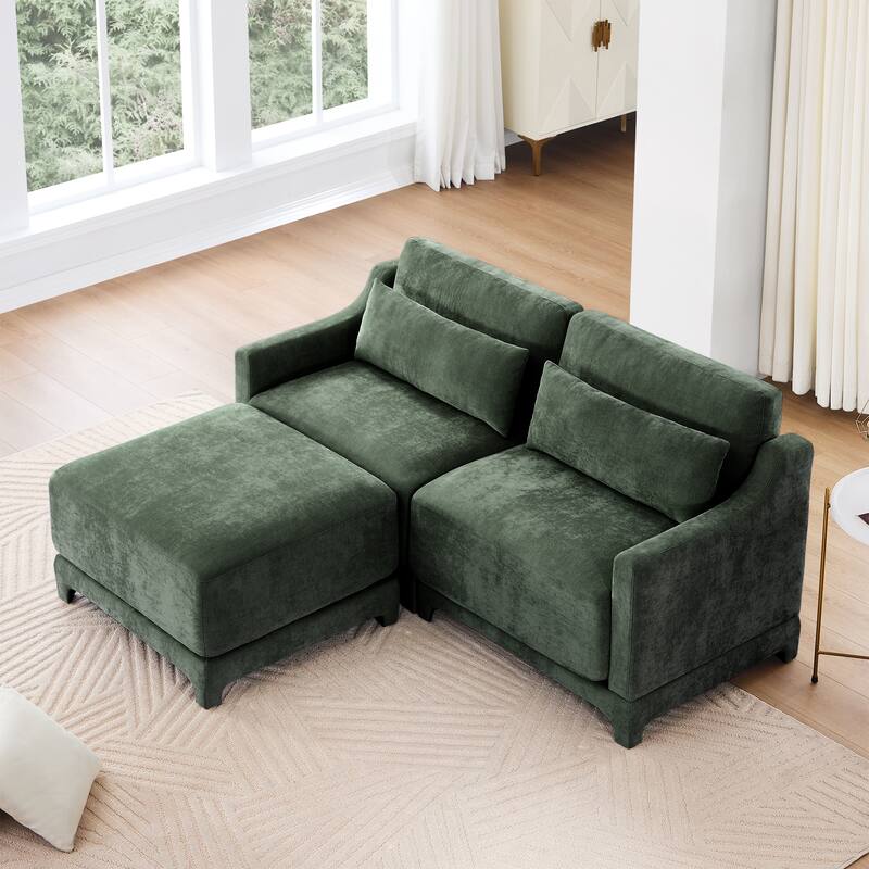 73.2" Chenille 2-Seater Sofa with Ottoman, 2 Pillows & Solid Wood Frame