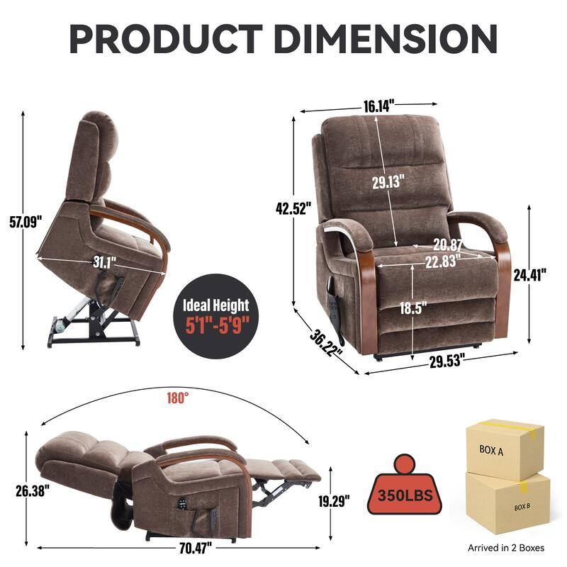 Roomfitters Dual Motor Power Lift Recliner, Infinite Position Massage Chair with Solid Wood Armrests, Chenille