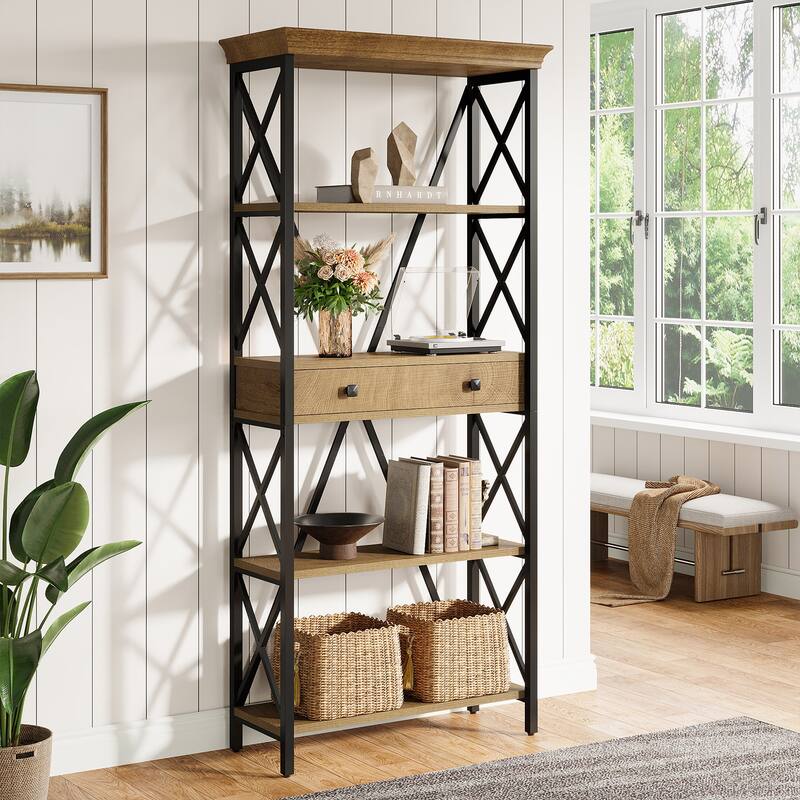 70.9" Tall Bookshelf with Drawers, Wood Metal Bookcase with Storage
