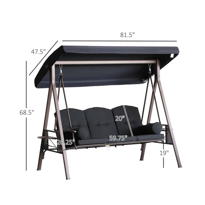 3-Seat Patio Swing Chair, Adjustable Canopy, Side Trays, Comfort Set