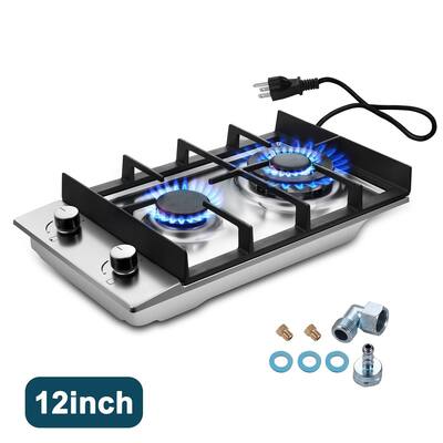 2-Burners 12inch Gas Cooktop Stainless Steel NG/LPG Convertible Built-in Burner
