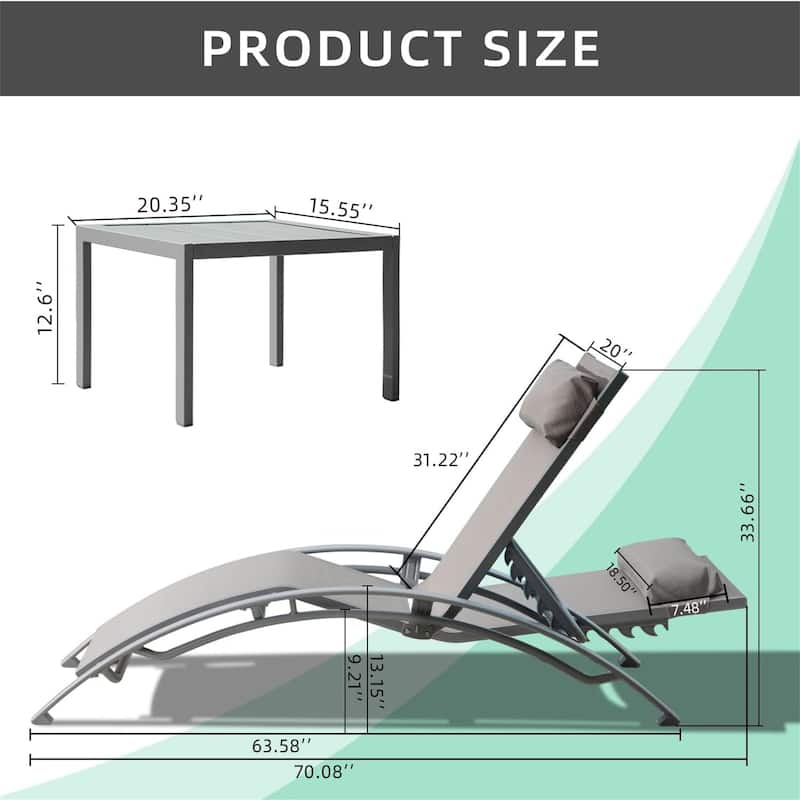 5 Adjustable Aluminum Textile Outdoor Patio Recliner Chairs in Gray, 2 Lounge Chairs and 1 Table - N/A