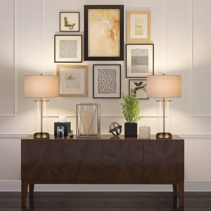 Reeves Cylindrical Clear Glass & Antique Brass Table Lamp with Linen Shade