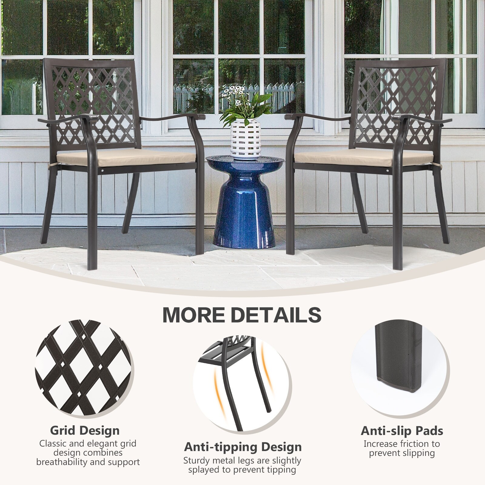 Aoodor 2-Piece Outdoor Dining Chair Set With Cushions – Stackable Metal Frame, Brown Polyester, Indoor/Outdoor Patio