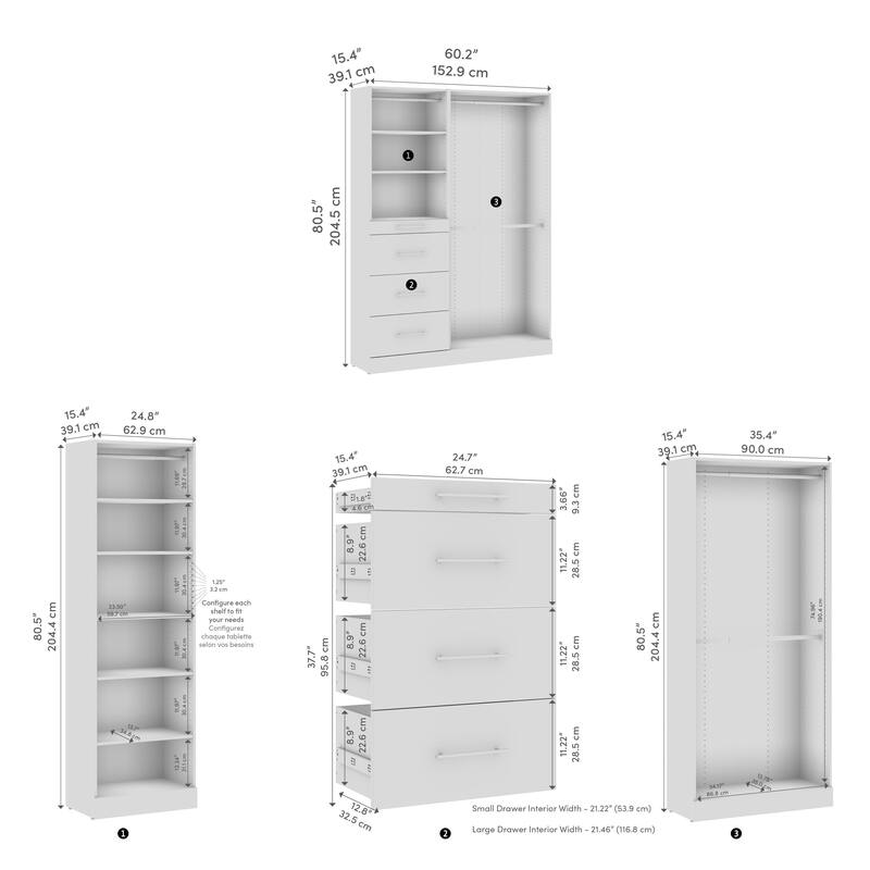Bestar Florence 61W x 16D Closet System with Rods, Drawers, Slab