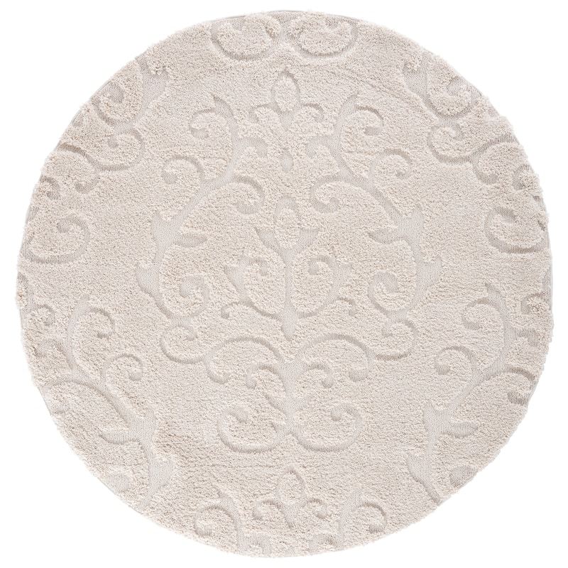 SAFAVIEH Florida Shag Tjabbe Scroll Area 1.2-inch Thick Rug - 6'7" Round - Creme