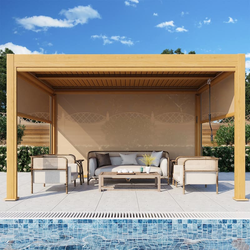 EROMMY Outdoor Louvered Pergola Gazebo with Adjustable Aluminum Rainproof Roof and Pull-Down Screen