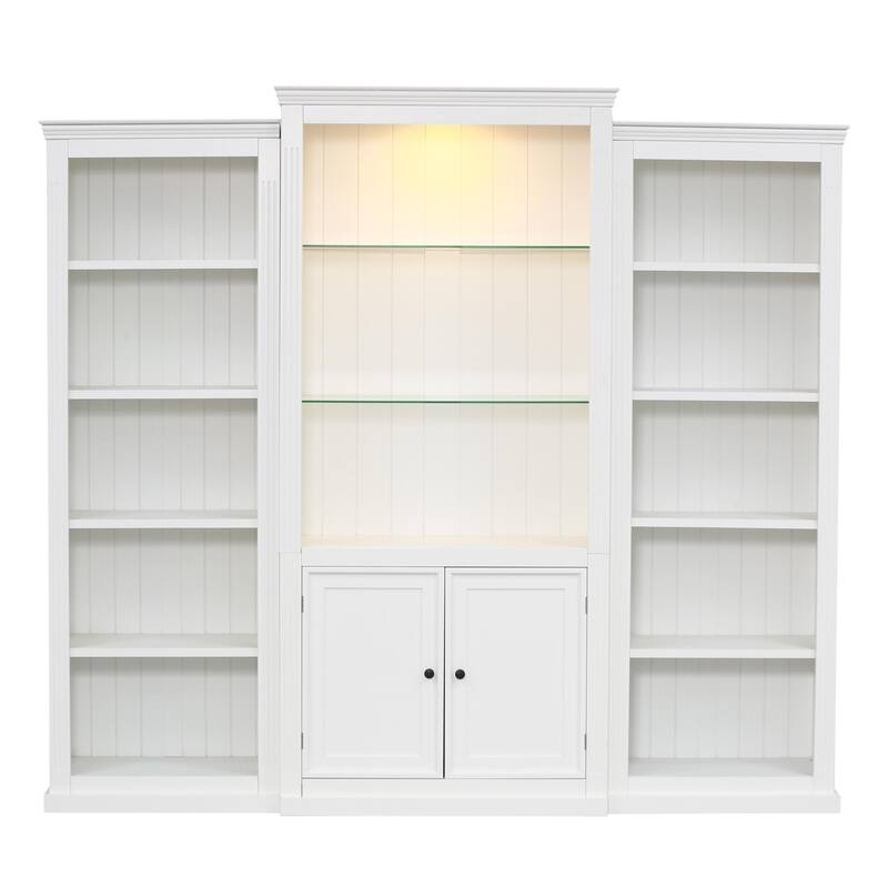 78.75'' Tall 3-Pieces Bookcase Display Cabinet with 5 Colors Adjustable LED Ceiling Light, Retro Style Bookshelves