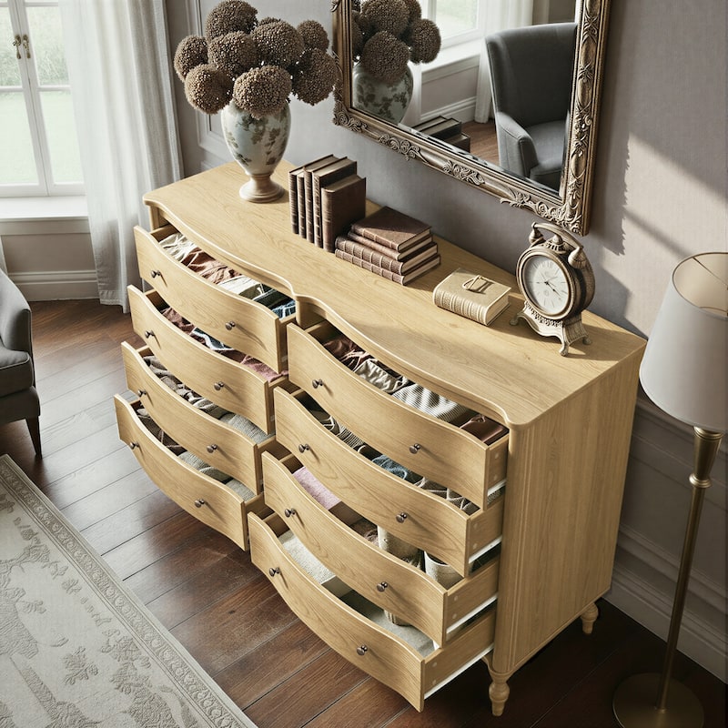 Elegant 8-Drawer Dresser with Solid Wood Legs, Vintage Curved Front Chest of Drawers for Bedroom Storage