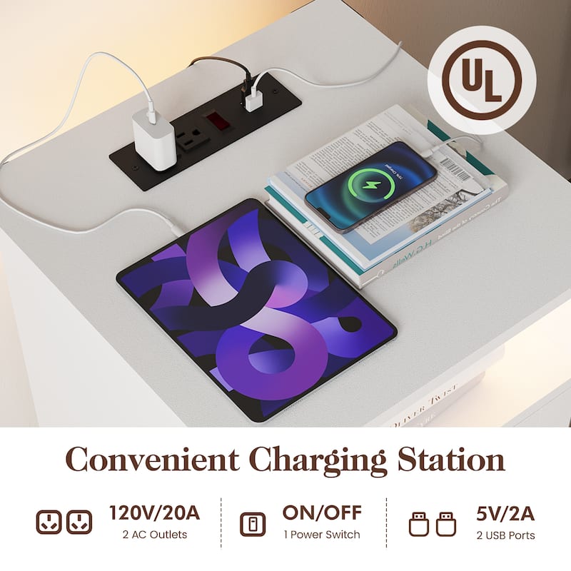 Farmhouse Nightstand Set of 2 With LED Lights and Charging Station