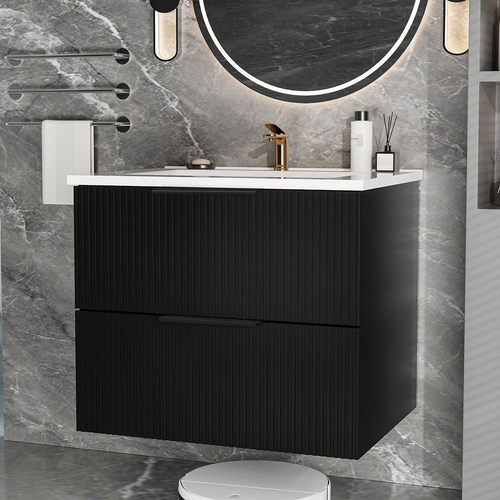GDFStudio - Tylor Contemporary Bathroom Vanity with Ceramic Basin, Fluted Front & Wall-Mounted Design