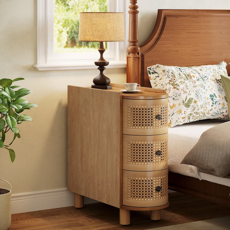 3-Drawer Solid Wood End Side Table Rattan Nightstand Bedside Table