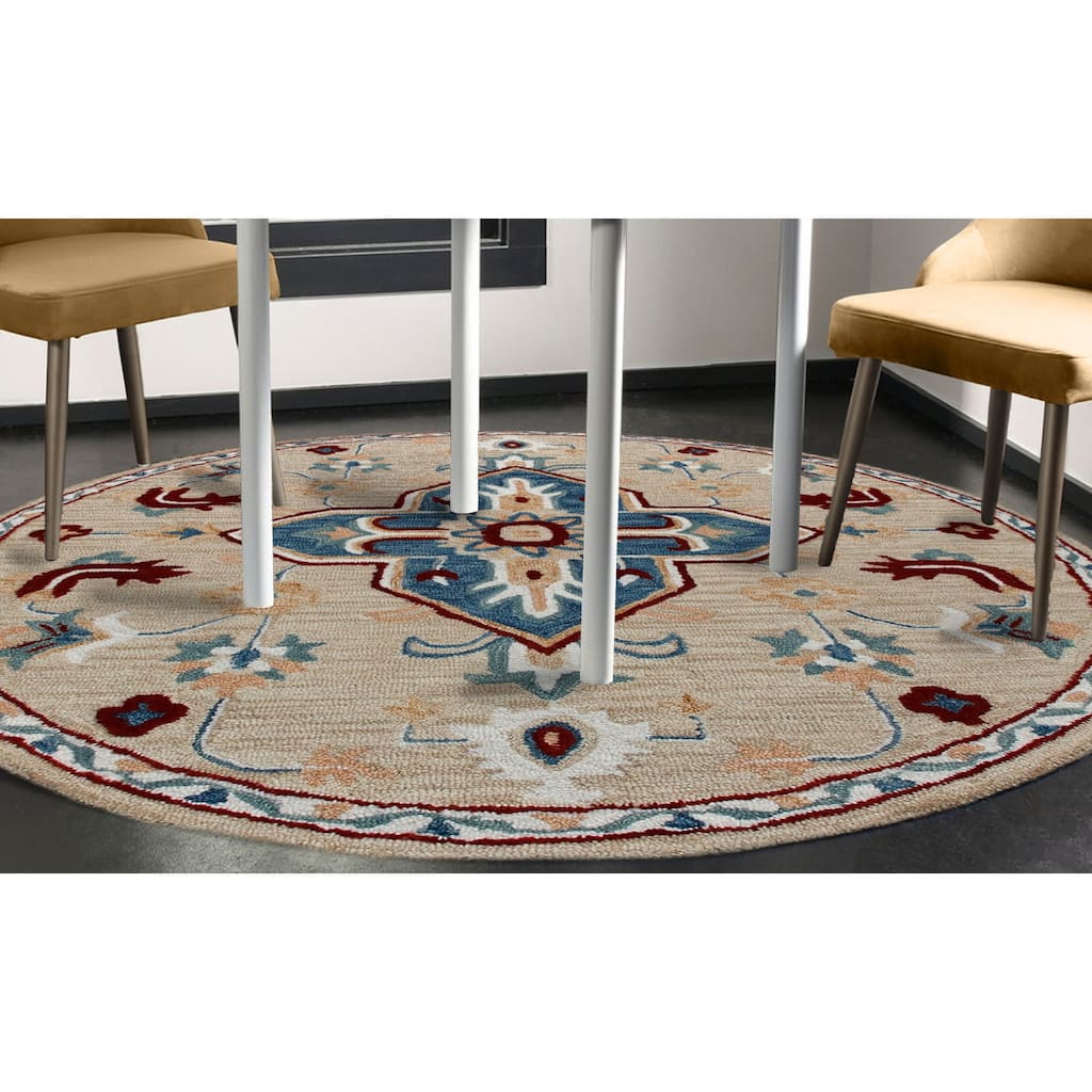 Sevita Beige/Blue Medallion Round Area Rug
