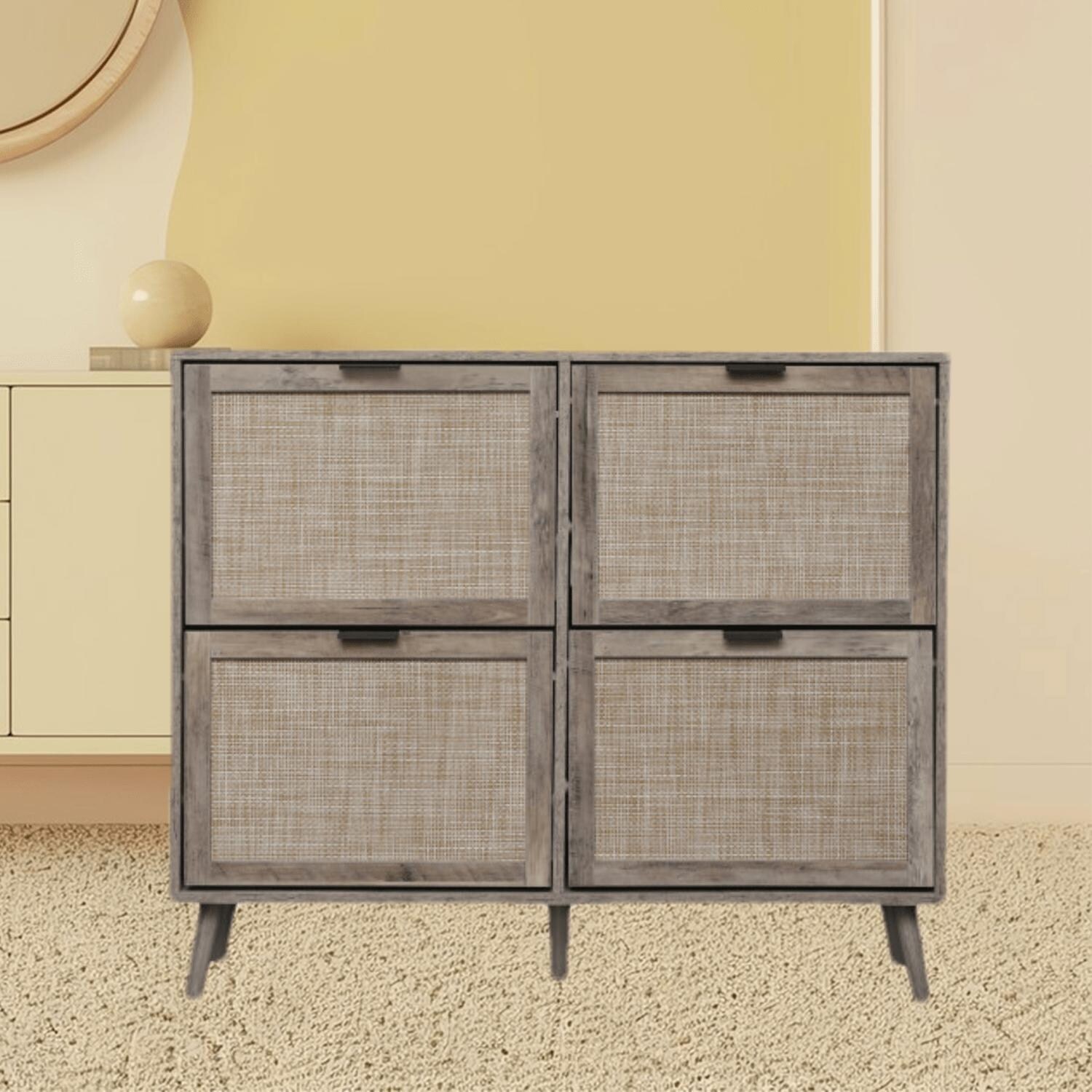 Durable Freestanding 4-Door Shoe Rack with Engineered Rattan, Adjustable Details, and Double-Layer Structure for Shoes