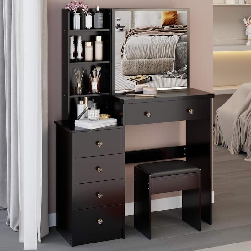 37" Middle Size Left Bedside Cabinet Vanity Table +Cushioned Stool,Extra Large Sliding Mirror,Multi Layer High Capacity Storage